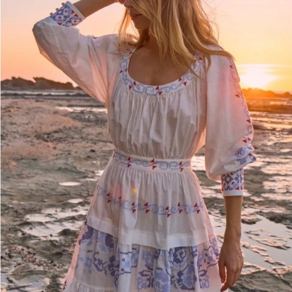 HUNTER BELL Ellie Dress White with Blue Embroidery - Picture 4 of 6